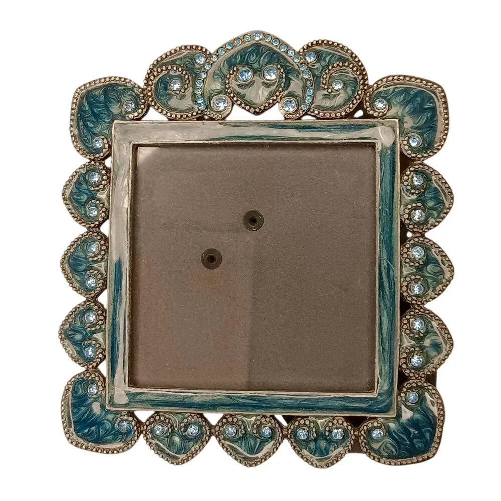 Blue & Green Enamel Swirl & Blue Rhinestones Square Miniature Photo Frame 4.5